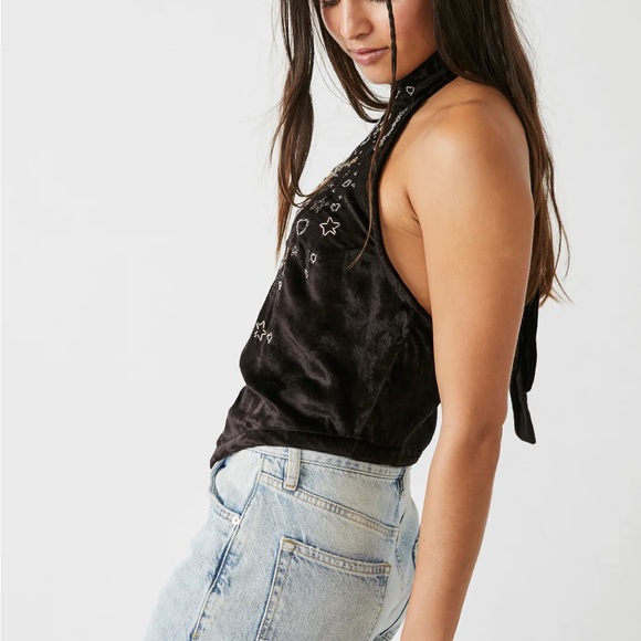 FREE PEOPLE | Arianna Beaded Velvet Halter Top Sz M - Picture 2 of 5